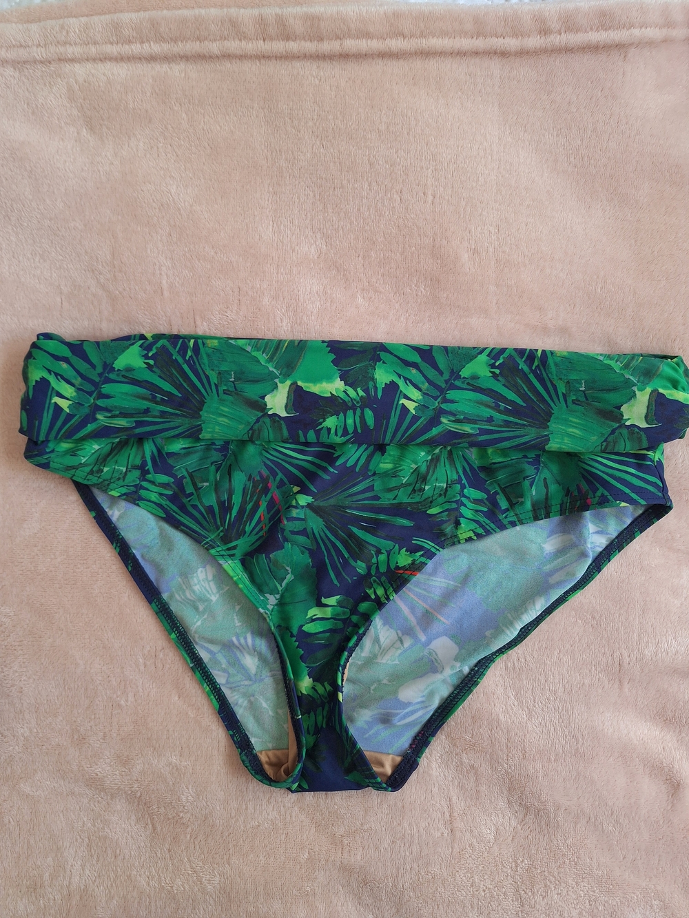 Pour Moi Sz 10 Tropical Leaf Fold-Over Bikini Bottom - Green And Blue